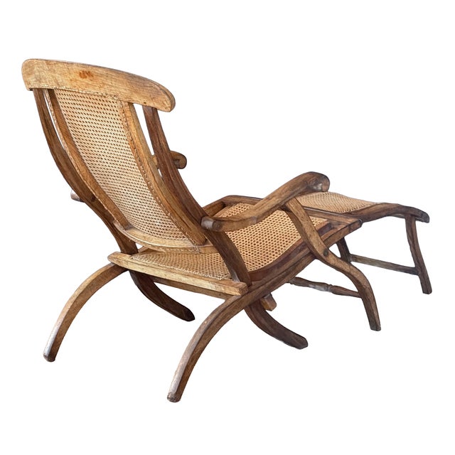 Early 20th Century French Cruise Liner Deck of Lounge Chair of Teak and Cane For Sale - Image 5 of 14