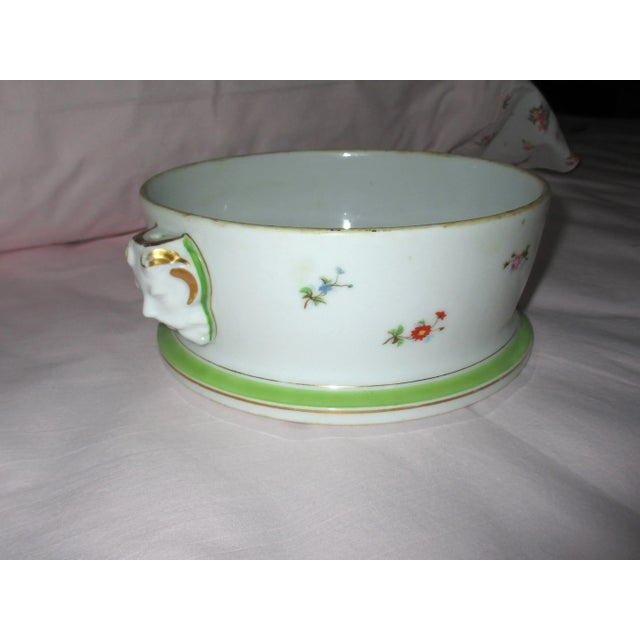 French Antique French Porcelain White & Green With Flowers & Pan Face Handles Bowl For Sale - Image 3 of 13