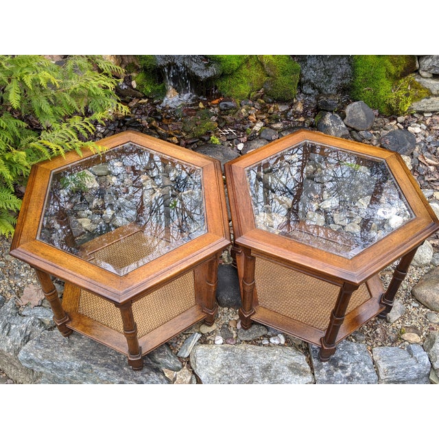 MidCentury Modern Walnut Octagonal Glass Top & Cane Bottom Drum End