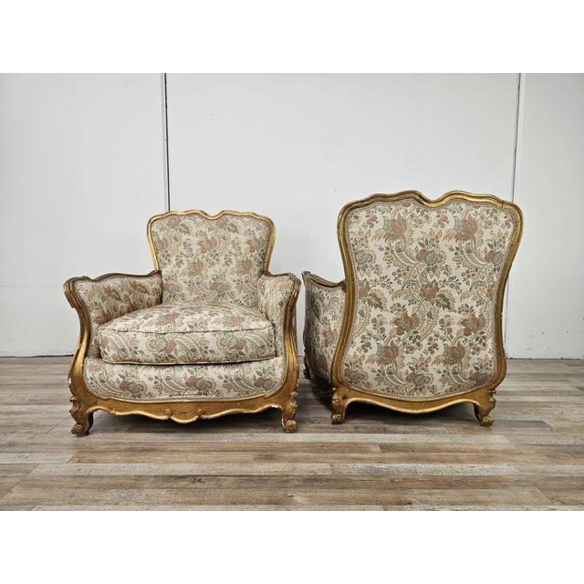 Rococo 20th Century Italian Baroque Style Bergère Armchairs in Carved and Gilded Wood, Set of 2 For Sale - Image 3 of 18