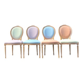 Vintage Regency Pastel Block Medallion Back Chairs - Set of 4 For Sale