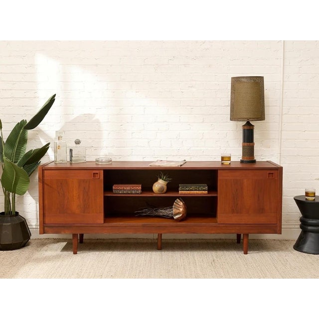 Mid-Century Modern Vintage Teak Credenza With Two Sliding Doors For Sale - Image 3 of 12