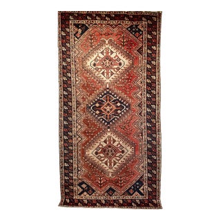 Vintage Persian Shiraz Tribal Area Rug, Hand-Knotted Wool, Geometric Pattern, Rust-Red & Navy, 5x10 For Sale