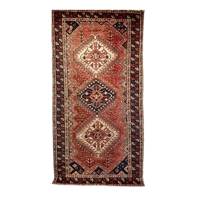 Vintage Persian Shiraz Tribal Area Rug, Hand-Knotted Wool, Geometric Pattern, Rust-Red & Navy, 5x10 For Sale