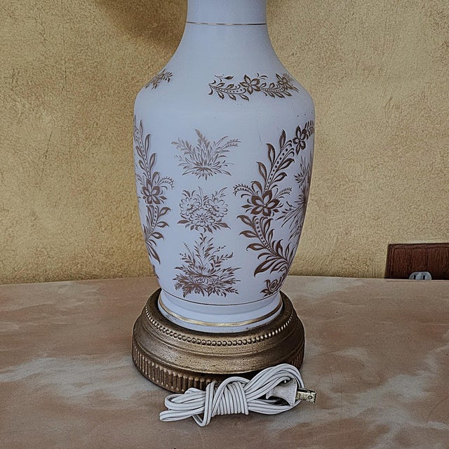 1960s French Hollywood Regency Satin Milk Glass Nightlight Table Lamp With Floral Design For Sale In Washington DC - Image 6 of 18