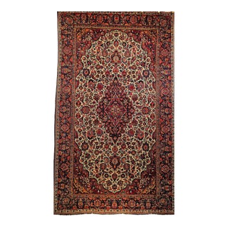 Early 20th Century Persian Kashan Area Rug, Handwoven Floral Design, Ivory & Blue, 4’ X 7’ For Sale