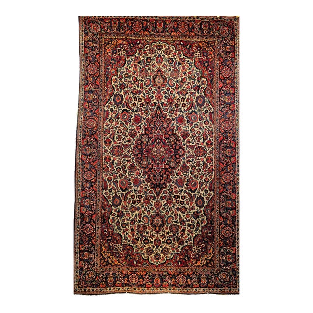 Early 20th Century Persian Kashan Area Rug, Handwoven Floral Design, Ivory & Blue, 4’ X 7’ For Sale