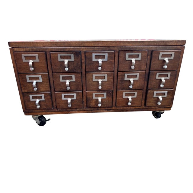 Vintage Wooden Library Card Catalog Cabinet With 15 Drawers on Casters For Sale - Image 12 of 18