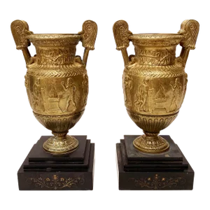 Early 19th Century Bronze French Grand Tour Urns (Pair) on Three-Tiered Stone Base