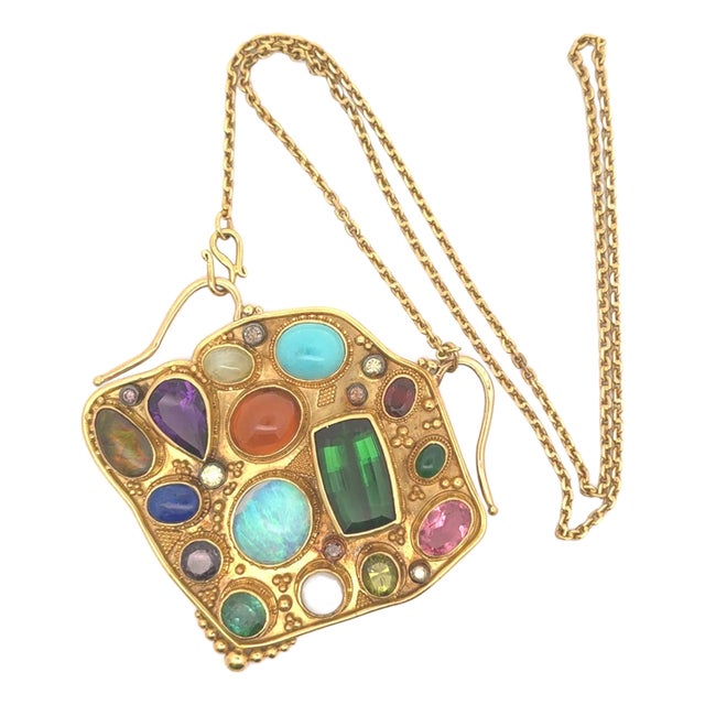 Luna Felix MultiColored Gemstone 22k Yellow Gold Pendant Necklace For Sale