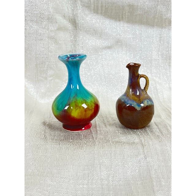 Japanese Vintage Studio Pottery Bud Vase Pair – Mini Jewel Tone Drip Glaze & Mini Earth Tone Jug For Sale - Image 3 of 12