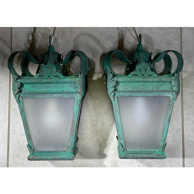 Vintage French Style Solid Brass Lanterns / Pendents With Verdigris For Sale - Image 13 of 15