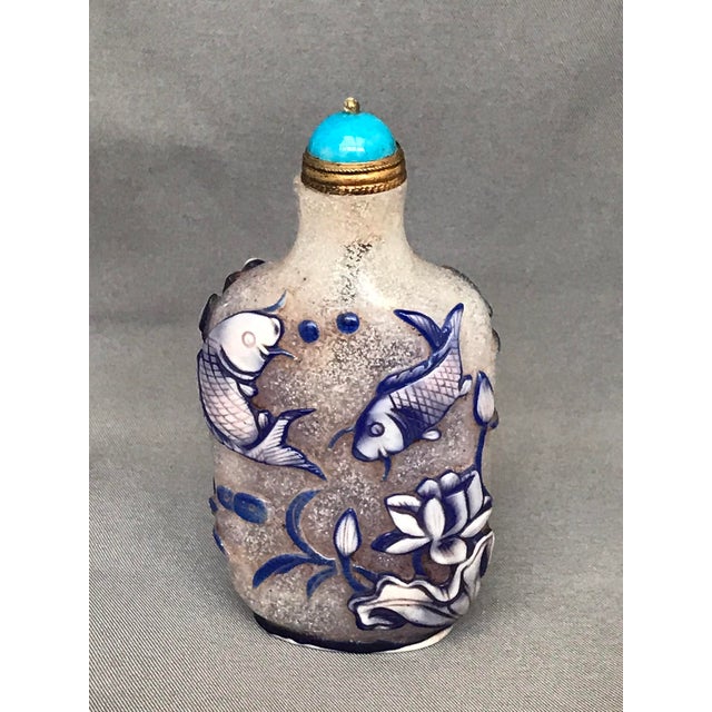 Frosted Glass Snuff Bottle With Blue Overlay Design of Fish Ad Ducks For Sale - Image 4 of 11