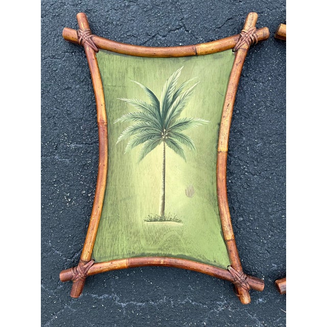 Coastal Vintage Pair of Bamboo Frame Palm Tree Paintings For Sale - Image 3 of 6