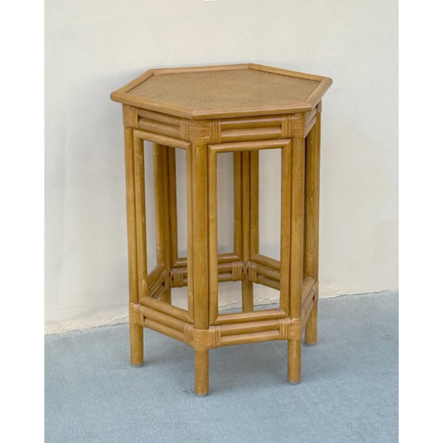 French Country Vintage Hexagon Bamboo Rattan Accent Table French Country Tiki Palm Beach For Sale - Image 3 of 7