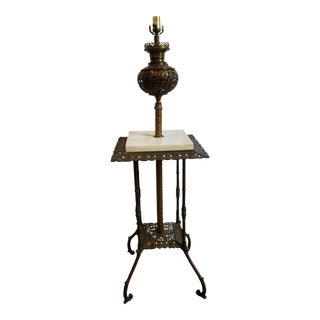 Antique Iron Brass and Marble Floor Lamp With Table For Sale