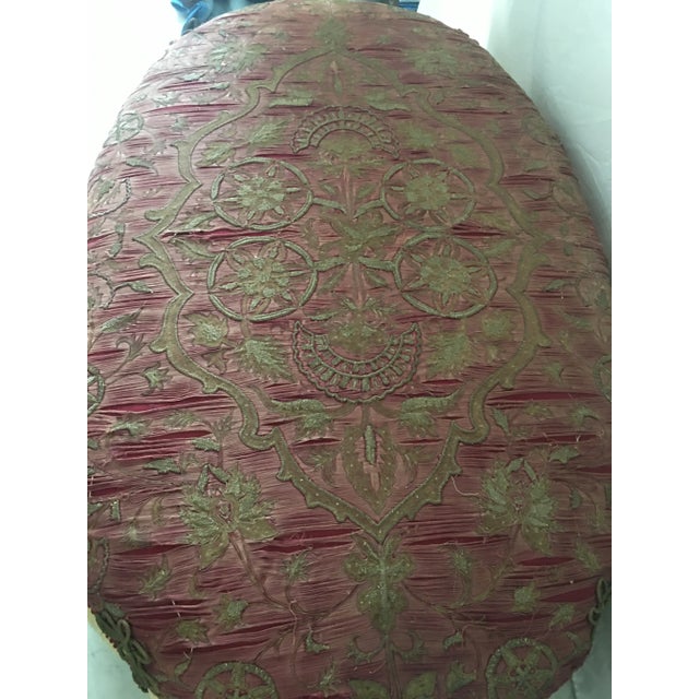 Textile Palatial Distressed Gold Bullion Burgundy Oval Ottoman For Sale - Image 7 of 11