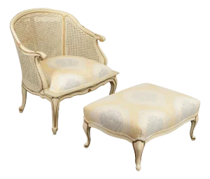 French Provincial Style Barrel Back Caned Lounge Chair and Ottoman