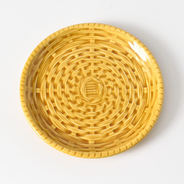 Set of 6 mustard yellow basket-weave pattern side plates. Made in France in the 1930s by Sarreguemines. This piece has an...