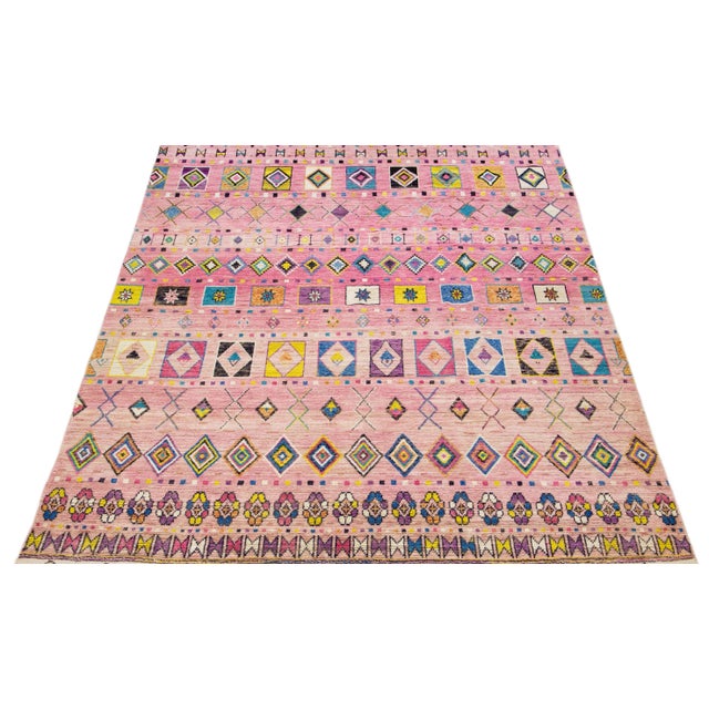 Moroccan Pink Moroccan Berber Style Handmade Geometric Wool Rug For Sale - Image 3 of 7