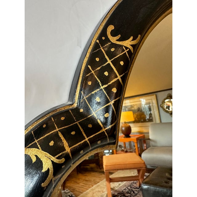 Large Ebonized Hand Painted & Gilded Chinoiserie Wall Mirror For Sale - Image 4 of 13
