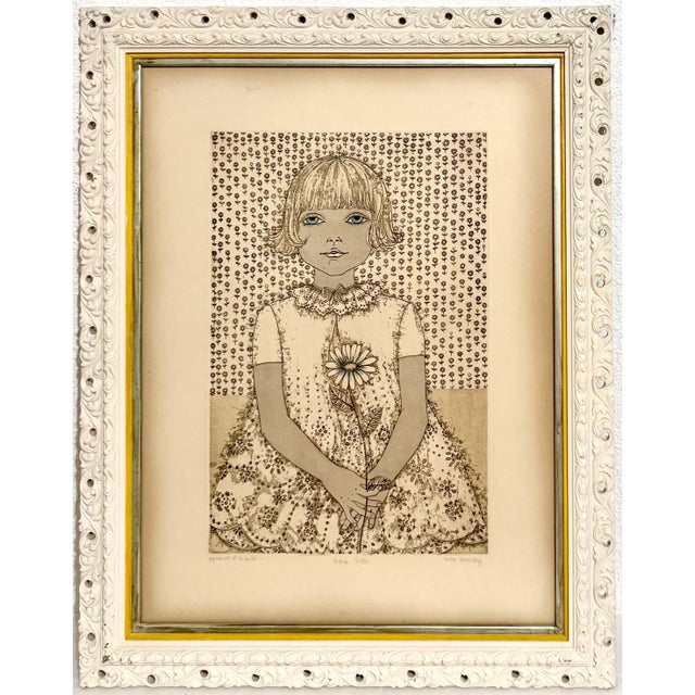 Mid 20th Century Cuca Romley, Hand Colored Etching Cuca Romley Naive Folk Art Young Girl Period Frame For Sale - Image 5 of 9