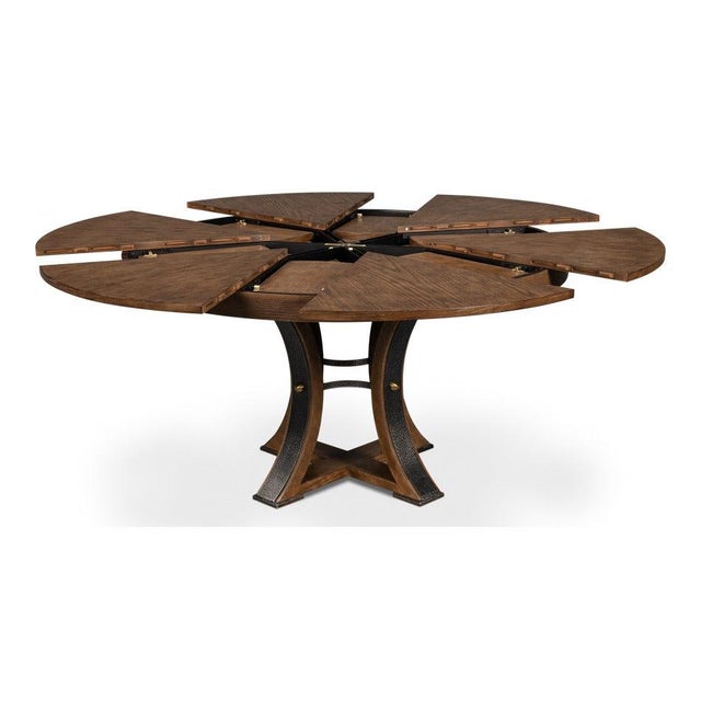 Not Yet Made - Made To Order Transitional Round Dining Table, Medium - Light Brown Oak With Hammered Iron Accents For Sale - Image 5 of 11