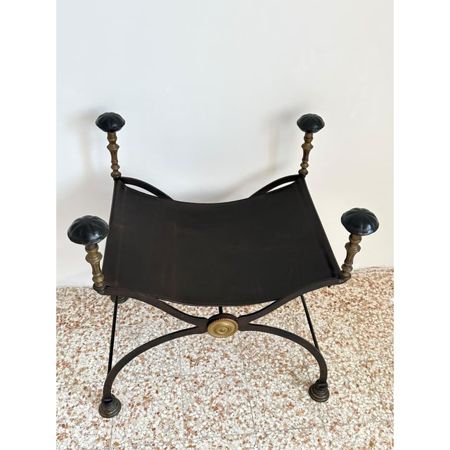 Black Vintage Wrought Iron, Brass and Leather Stool, 1920s For Sale - Image 8 of 12