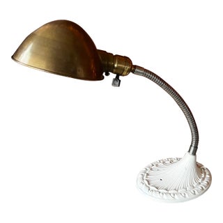 Vintage Adjustable Brass & Cast Iron Gooseneck Desk Lamp For Sale