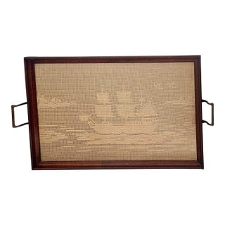 Vintage Folk Art Wood & Glass Serving Tray With Filet Crochet Nautical Lace Design of Sailing Ship, Water, Landscape, & Birds, 2 Slender Brass Handles For Sale