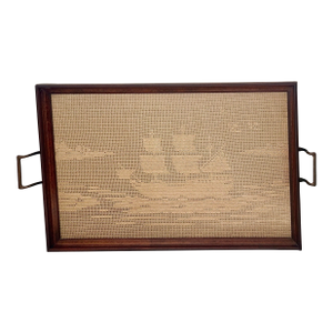 Vintage Folk Art Wood & Glass Serving Tray With Filet Crochet Nautical Lace Design of Sailing Ship, Water, Landscape, & Birds, 2 Slender Brass Handles