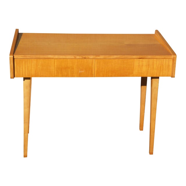 Vintage Mid Century Modern Golden Brown Side Table W Two Drawer For Sale