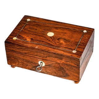 Charming Small Antique Victorian Wood Jewelry Box With Key Inset Mother of Pearl Home Decor For Sale