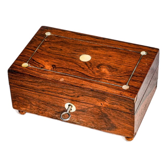 Charming Small Antique Victorian Wood Jewelry Box With Key Inset Mother of Pearl Home Decor For Sale