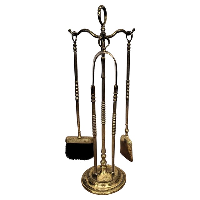 Vintage Italian Three-Pieces Brass Fireplace Fire Tool Set with Stand, 1980s For Sale
