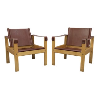 Set of Vintage Lounge Chairs in Teak and Saddle Leather by Karl Heinz Bergmiller for Escriba, 1970s For Sale