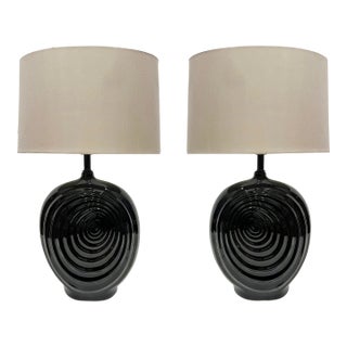 Vintage Pair of Black Ceramic Swirl Design Table Lamps For Sale