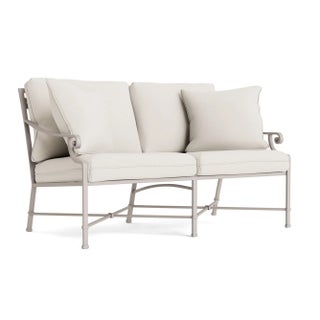 Brown Jordan Venetian Loveseat, Dove frame with Fusion Natural fabric For Sale