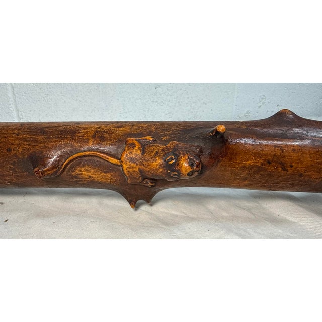 Large Antique 1800's Chinese Foo Dog Carved Wood Folk Art Walking Stick Cane For Sale - Image 11 of 18