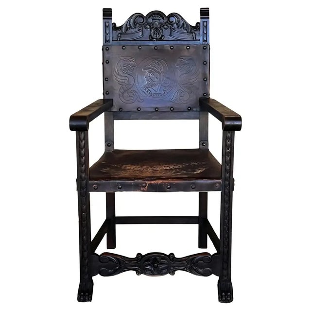 19th Spanish Carved Walnut Armchair with New Black Leather and Solomonic Columns, 1890s For Sale - Image 12 of 12