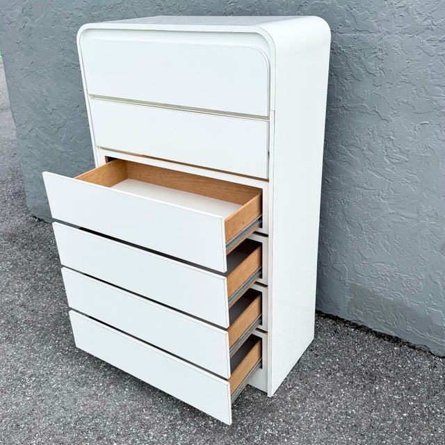 White Postmodern White Gloss Laminate Waterfall Highboy Dresser For Sale - Image 8 of 11