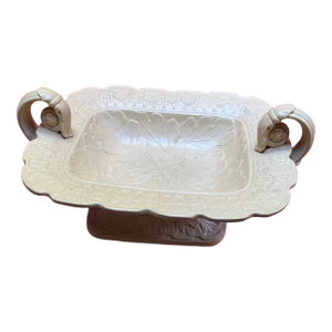 Antique 19th Century English Drabware Footed Tazza Compote With Relief Molded Oak Leaves and Grape Vine Border