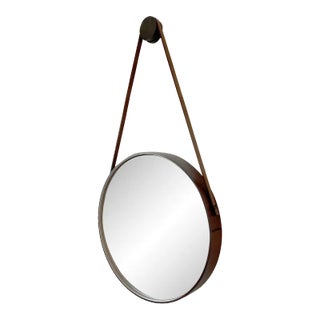 BDDW Leather Captain's Mirror With Bronze Hanging Puck For Sale