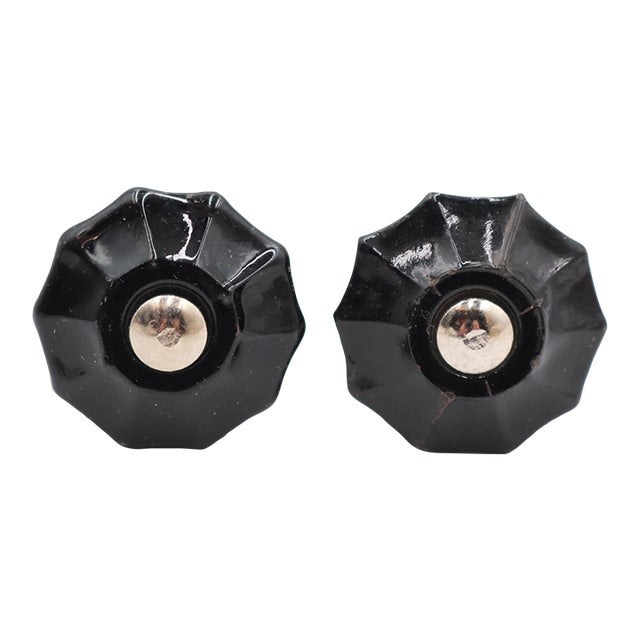 Pair of Vintage 1.125 In. Fluted Black Glass Cabinet Knobs For Sale