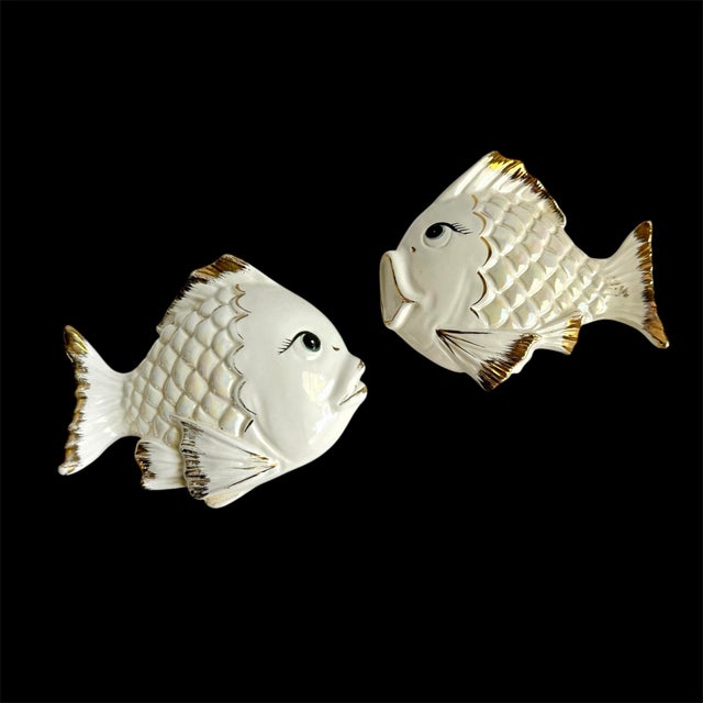 Mid Century Ceramic Fish Wall Plaques Gold White Iridescent Luster Kitschy Bathroom Decor An adorable pair of retro fish...