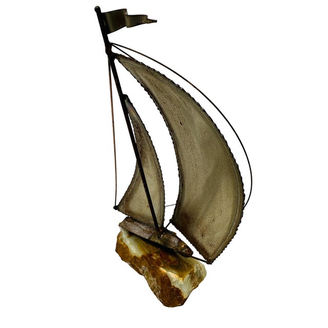 1970s Brutalist Metal Sailboat Sculpture on Onyx Base by DeMott - Set With Original Tag For Sale - Image 9 of 16
