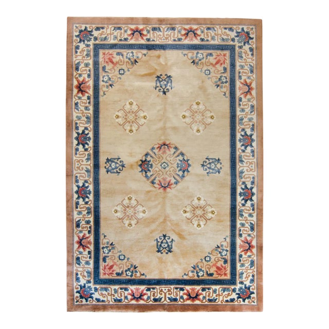 1980s Vintage Chinese Geometric Design Heavy Pile Earth-Toned Color Hand-Knotted Wool Rug - 6’ X 9’ For Sale