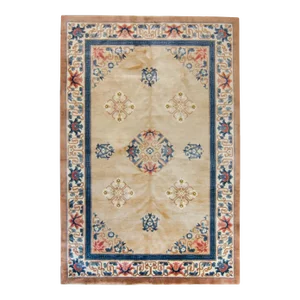 1980s Vintage Chinese Geometric Design Heavy Pile Earth-Toned Color Hand-Knotted Wool Rug - 6’ X 9’