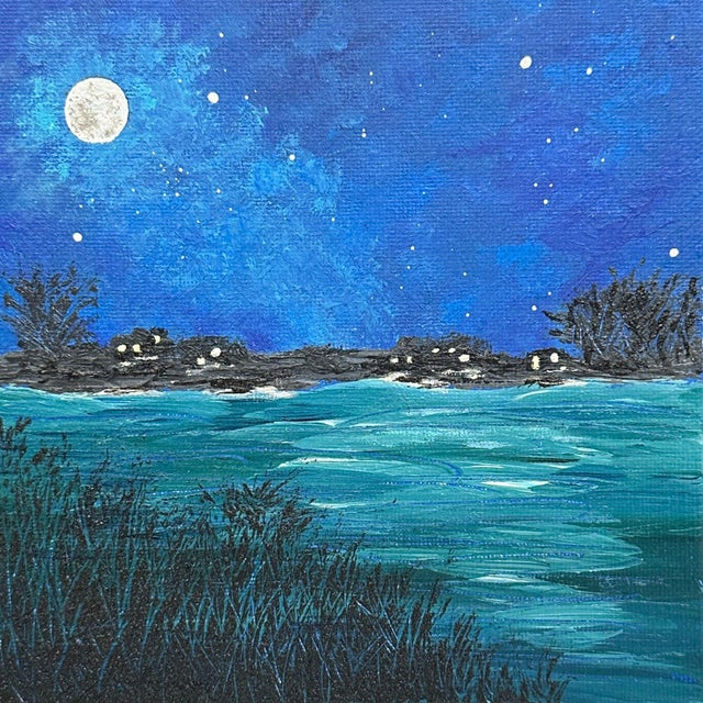 Super Moon 6" X 6" Acrylic Painting Signed Full Moon & Night Sky Art Unframed For Sale - Image 6 of 7
