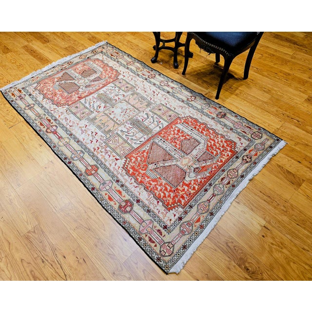 Persian Vintage Persian Shahsavan Soumak Tribal Rug, Handwoven Wool & Silk, Geometric Pattern, Ivory & Red, 4x7 For Sale - Image 3 of 18